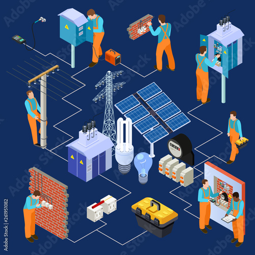 Electrical service isometric vector concept with electricians. Illustration of electrician worker, equipment for electric engineer