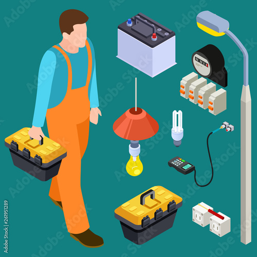 Master electrician and tools isometric vector set. Illustration of electric engineer, electrician master and equipments