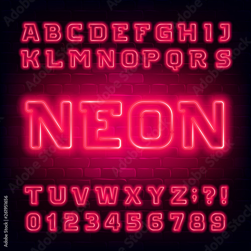 Red neon alphabet font. Light bulb modern oblique letters and numbers. Stock vector typeface for your typography design.