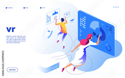 Virtual reality concept. Vr people digital mobile futuristic entertainment augmented reality interface gadget virtual vector landing. Illustration of virtual reality, gadget for vr
