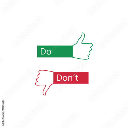 Do's and Don'ts like thumbs up or down. Flat simple thumb up symbol, logotype element or for graphic design isolated on white. Vector illustration.
