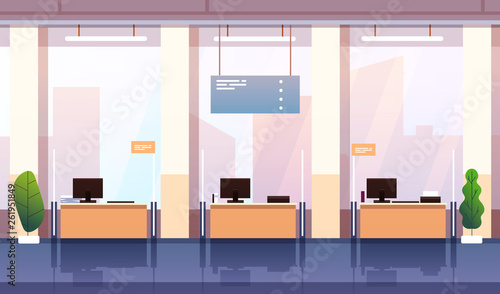 Fototapeta Naklejka Na Ścianę i Meble -  Bank interior. Banking investment wealth growth symbols. Empty bank office consulting center cartoon business financial vector concept. Illustration of office empty, bank interior workplace