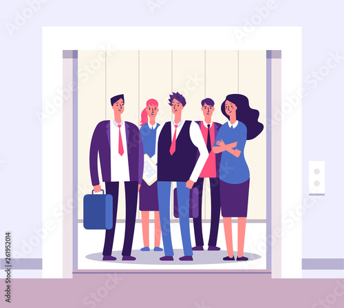 People elevator. Lift persons standing woman man group inside elevators office interior with open door business vector concept. Illustration of people in elevator, man and woman inside lift