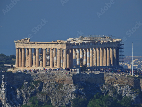 Zoom photo from iconic Acropolis hill and the masterpiece of Ancient world the Parthenon, Athens historic centre, Attica, Greece