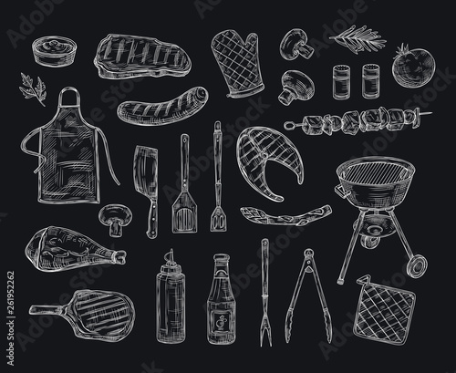 Barbecue sketch. Bbq barbeque grilled beef meat kebab chicken grill vegetables fried steak picnic party vintage doodle drawing vector. Illustration of bbq meat doodle, barbeque fish sketch
