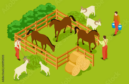 Animal farm  livestock with horses  goats  sheeps and workers isometric vector illustration. Livestock farm isometric  horse and sheep
