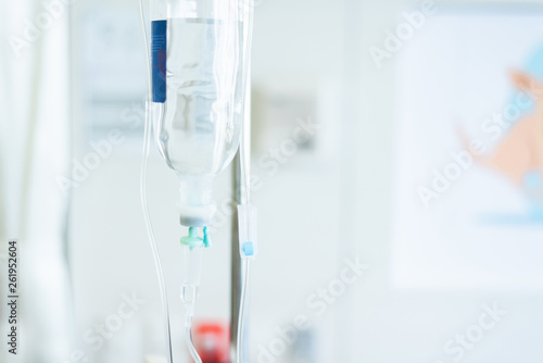 saline solution fluid bag in room at hospital