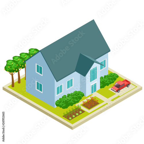 Country house with vegetable and fruit garden isometric vectot design. Isometric country house, farming outdoor, farmland illustration