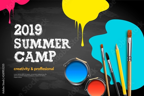 Themed Summer Camp poster 2019. Kids art craft, education, creativity class concept, vector illustration.