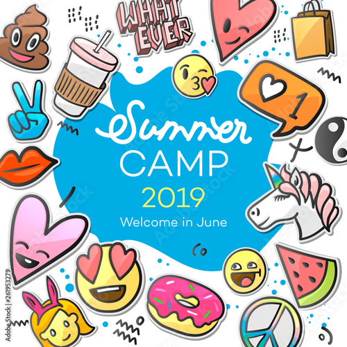 Summer Camp 2019 for kids creative and colorful poster with emoticon stickers, vector illustration