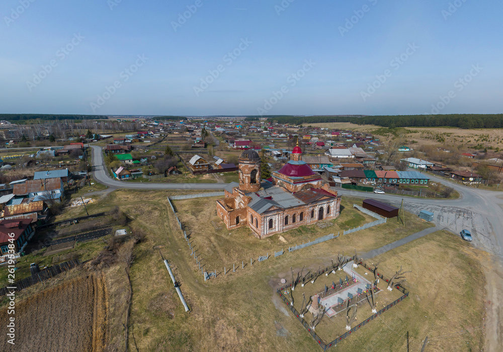 Abandoned church in Kamyshevo village. Aerial