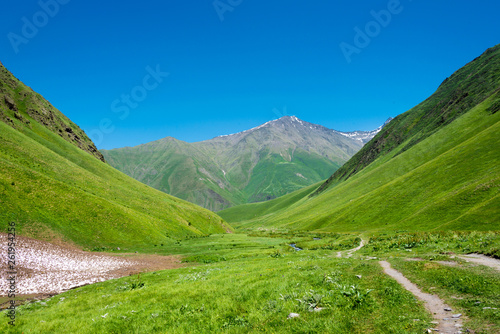 Kazbegi, Georgia - Jul 03 2018: Mountain hut at Juta valley near Caucasus mountain. a famous landscape in Kazbegi, Mtskheta-Mtianeti, Georgia.