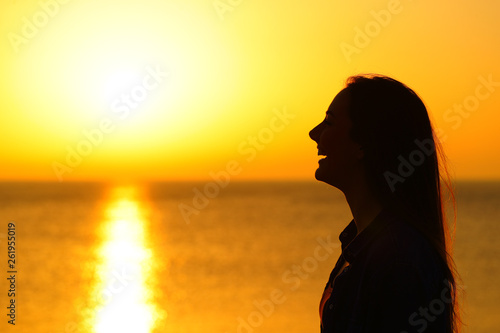 Happy girl silhouette contemplating sun at sunset © Antonioguillem