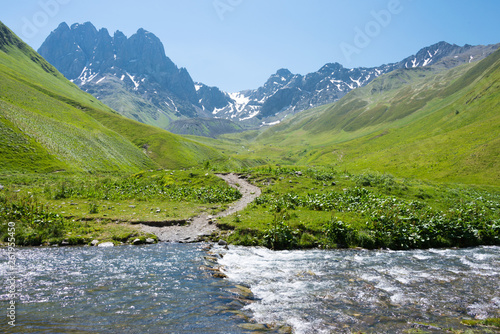 Kazbegi  Georgia - Jul 03 2018  Juta valley near Caucasus mountain. a famous landscape in Kazbegi  Mtskheta-Mtianeti  Georgia.