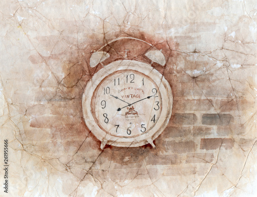 watercolor drawing on crumpled old paper - old clock