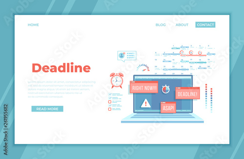 Deadline, Asap, Time limit and control. Laptop with pop-up Attention signs, notifications, messages on the screen, red alarm clock, planning calendar, stopwatch, exclamation mark, loading bar. landing