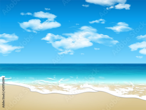 Summer landscape. Seashore and sandy beach. 3D vector. High detailed realistic illustration