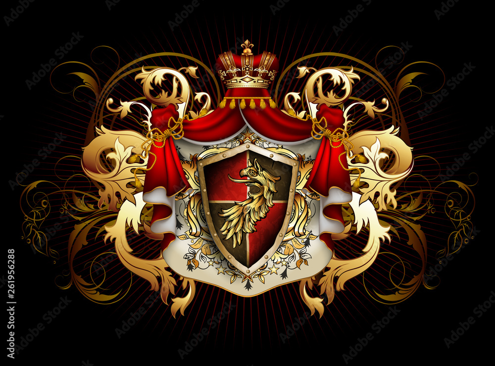 Heraldic shield with a crown and royal mantle, richly ornamented, on a ...