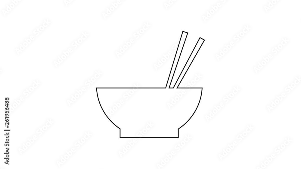 Grey Bowl with asian food and pair of chopsticks silhouette line icon on white background. Concept of prepare, eastern diet. 4K Video motion graphic animation Grey Bowl with asian food and pair of chopsticks silhouette line icon on white background. Concept of prepare, eastern diet. 4K Video motion graphic animation