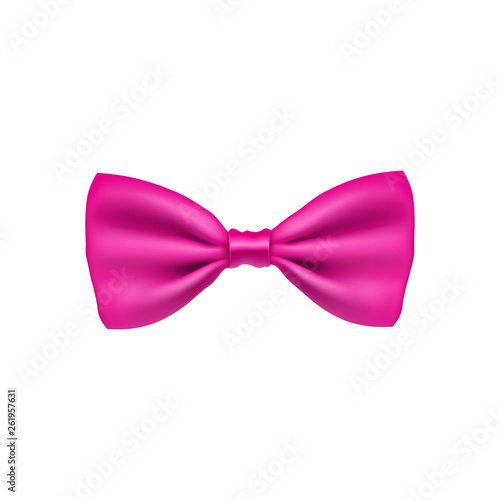 Pink bow tie from satin material. Elegant clothes accessory isolated on white background. Realistic formal wear for official event. Holiday decor from silk vector illustration.