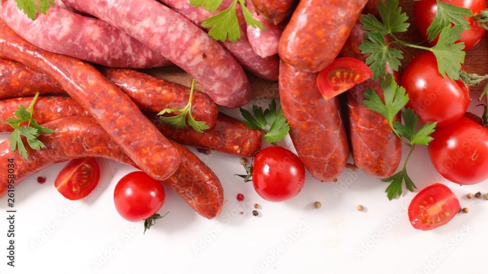 assorted sausage meat isolated on white background