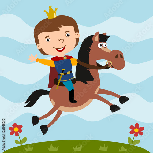 Funny prince in cartoon style rides a horse.