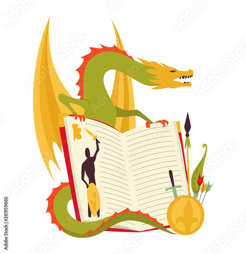 Fairy tale book concept - kids illustration with evil dragon, brave warrior. Imagination coming to life in a children fantasy book.