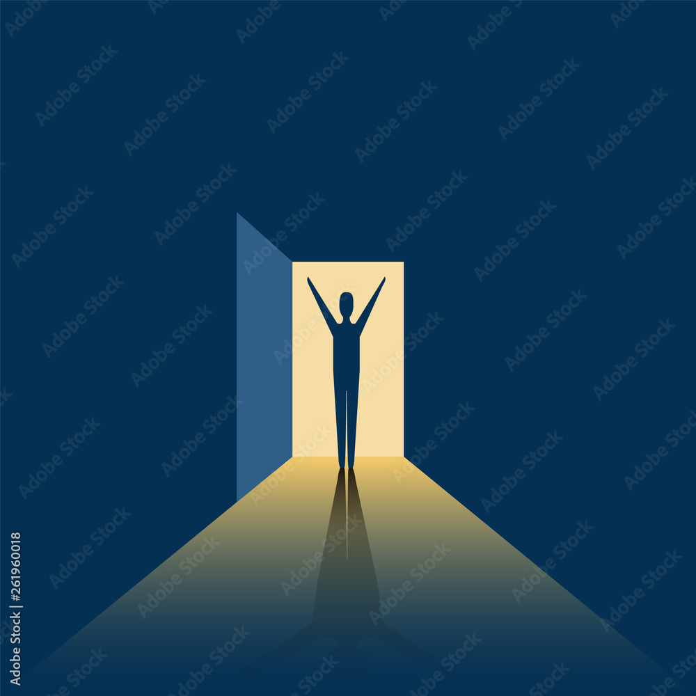 New Possibilities, Hope - Business Finding Solution Vector Concept - Businessman Standing in Dark, Symbol of Light at the End of the Tunnel New Possibilities, Hope - Business Finding Solution Vector Concept - Businessman Standing in Dark, Symbol of Light at the End of the Tunnel