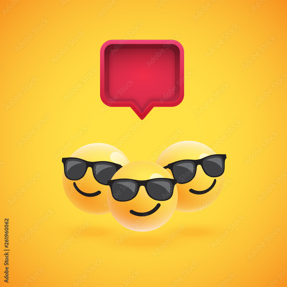 Group of high detailed yellow emoticons with a 3D speech bubble, vector illustration Group of high detailed yellow emoticons with a 3D speech bubble, vector illustration