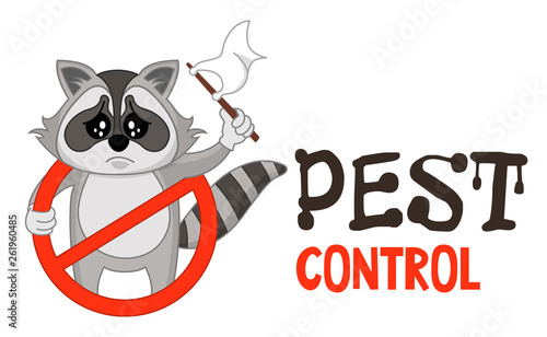 Funny vector illustration of pest control logo for fumigation business. Comic locked raccoon surrenders. Design for print, emblem, t-shirt, sticker, logotype, corporate identity, icon.