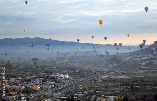 Sunrise and balloons. Beautiful background of the balloon and the sunset.Cappadocia. Turkey. Göreme.