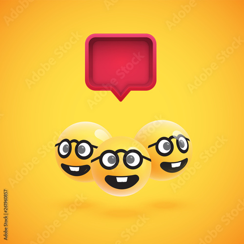 Group of high detailed yellow emoticons with a 3D speech bubble, vector illustration