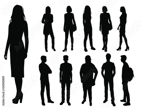 Vector silhouettes of men and women standing, businessmen and businesswomen, group people, different poses,  black color, isolated on white background