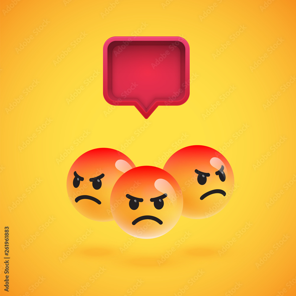 Fototapeta premium Group of high detailed yellow emoticons with a 3D speech bubble, vector illustration