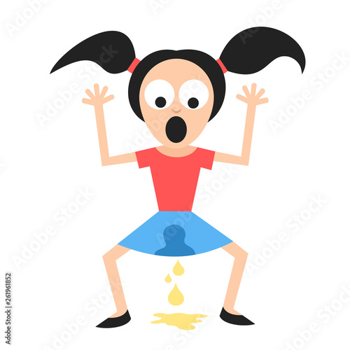 Incontinence - involuntary urination is happeing to woman and female. Embarrassing moment - female is peeing and urinating urine on the ground. Health problem with bladder. Vector illustration