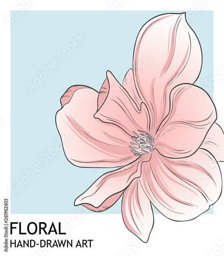 Minimalist peony botanical valentine greeting card template design in coral blue color. Vector hand-drawn boranical art looks like color scheme. photo