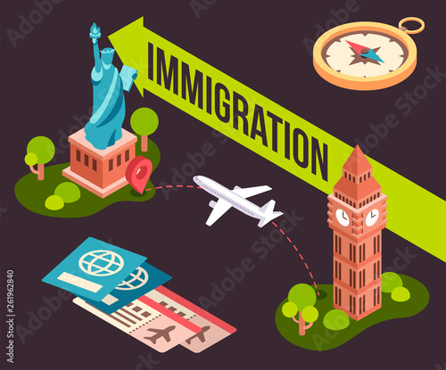 Colorful illustration of immigration from one country to another