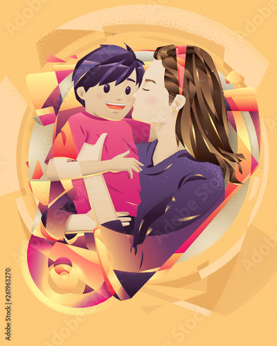 Mother's day concept card template. Mother kiss her boy. Happy mother and a happy smiling boy. Yellow background.