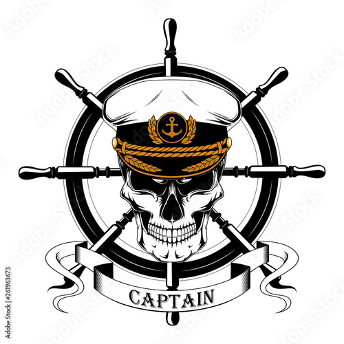 The skull of the captain in the captain's cap, the ship's steering wheel, ribbon. Black and white image on a white background.