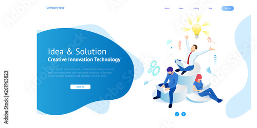 Isometric creative idea and innovation concept. New ideas with innovative technology and creativity. Brain bulb. Business meeting and brainstorming. Idea and business concept for teamwork.