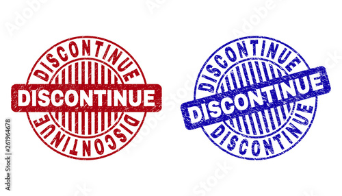 Grunge DISCONTINUE round stamp seals isolated on a white background. Round seals with distress texture in red and blue colors.