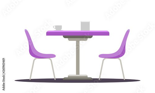 Modern round table with curved chairs. Flat color style vector illustration.