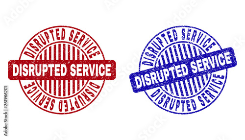Grunge DISRUPTED SERVICE round stamp seals isolated on a white background. Round seals with distress texture in red and blue colors.