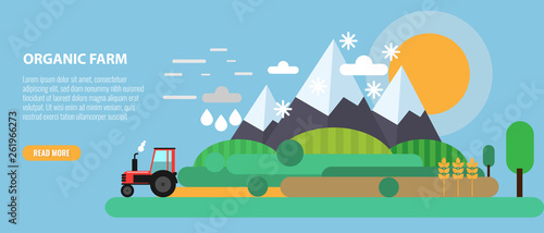 Fototapeta Naklejka Na Ścianę i Meble -  Flat Design mountain and farm meadow Landscape and Tractor. Flat and solid vector illustration.
