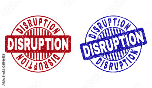 Grunge DISRUPTION round stamp seals isolated on a white background. Round seals with grunge texture in red and blue colors. Vector rubber imprint of DISRUPTION title inside circle form with stripes.