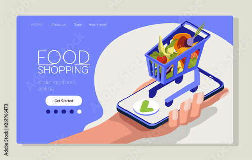 Food shopping online. Isometric shopping cart on a smart phone. Mobile app for online shopping. Web page template