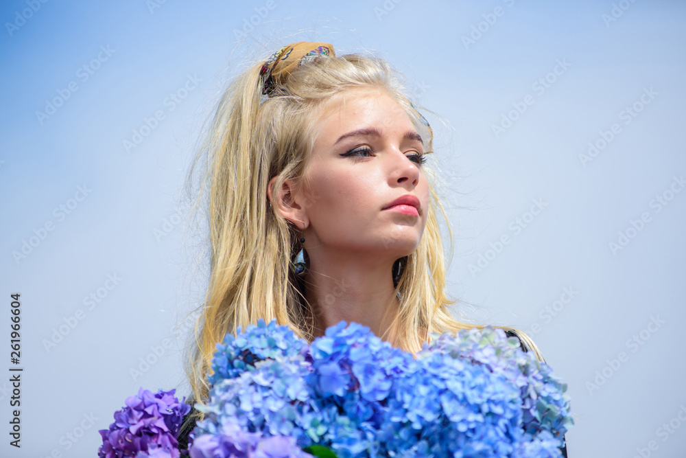 Flowers tender fragrance. Girl tender fashion model hold hydrangea flowers bouquet. Makeup and fashion style. Fashion trend spring. Fashion and beauty industry. Meet spring with new perfume fragrance Flowers tender fragrance. Girl tender fashion model hold hydrangea flowers bouquet. Makeup and fashion style. Fashion trend spring. Fashion and beauty industry. Meet spring with new perfume fragrance