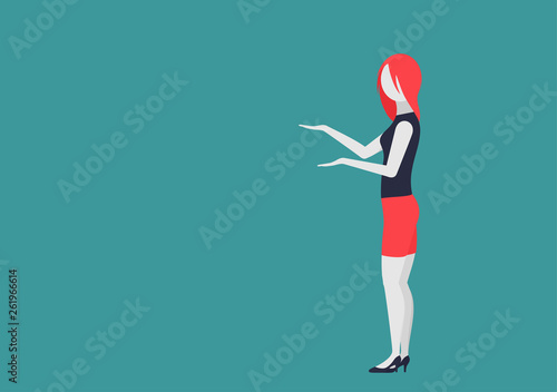 young woman holds something in her hand and shows it. character with moving body parts