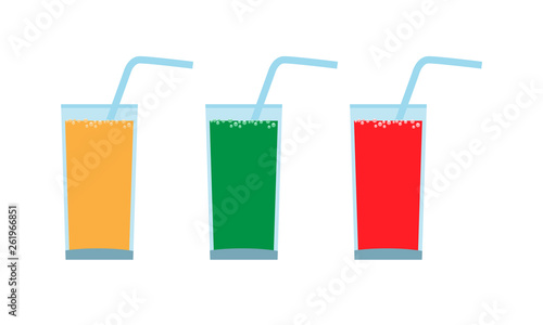Set of Glass with juice and straw. Carbonated bubbles on surface. Orange, Green and red colors. Vector illustration.