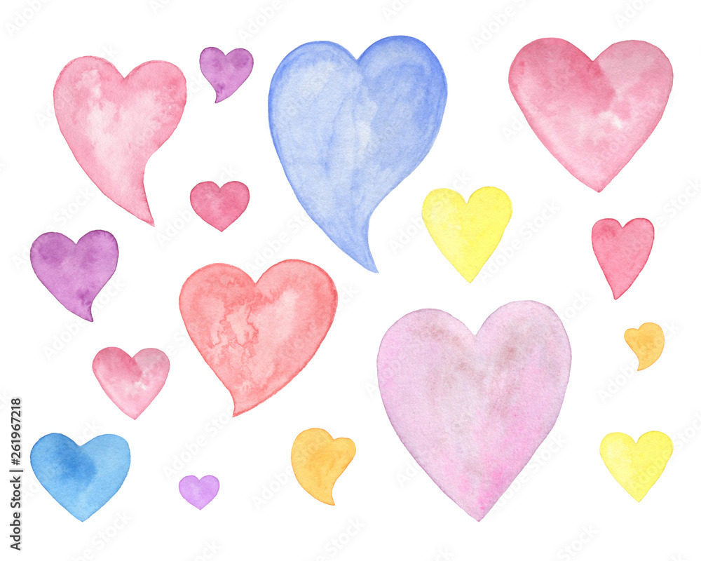 Watercolor hand drawn heart set of different colors, isolated objects on the white background